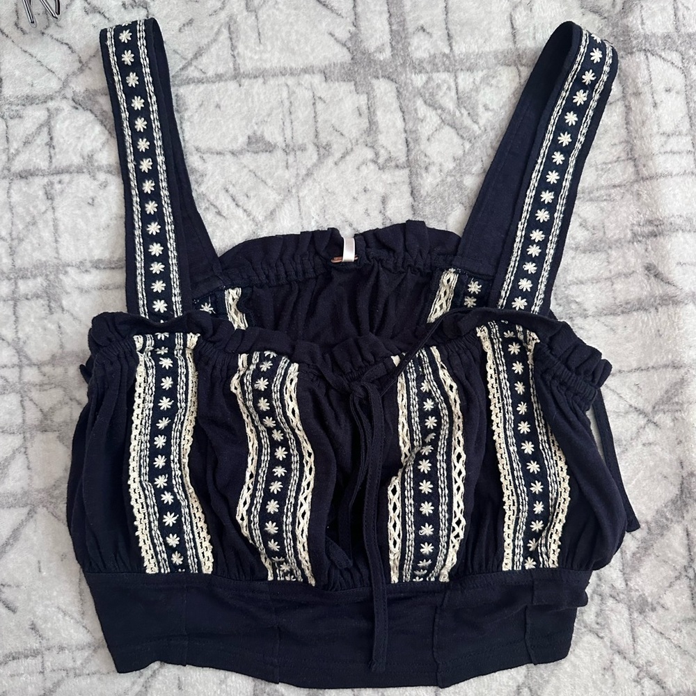 Free People Hill Top Crop Tank Navy Combo Boho Knit Cropped Top NWT - Picture 4 of 5